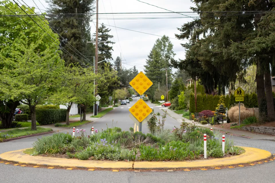 Roundabout with landscaping in middle in residential street.